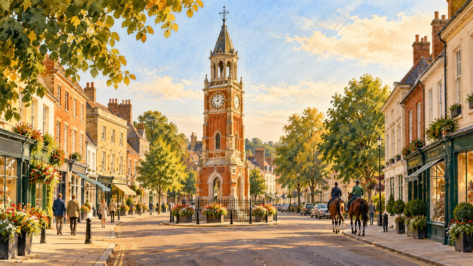 Artist's impression of Newmarket High Street and its clock tower