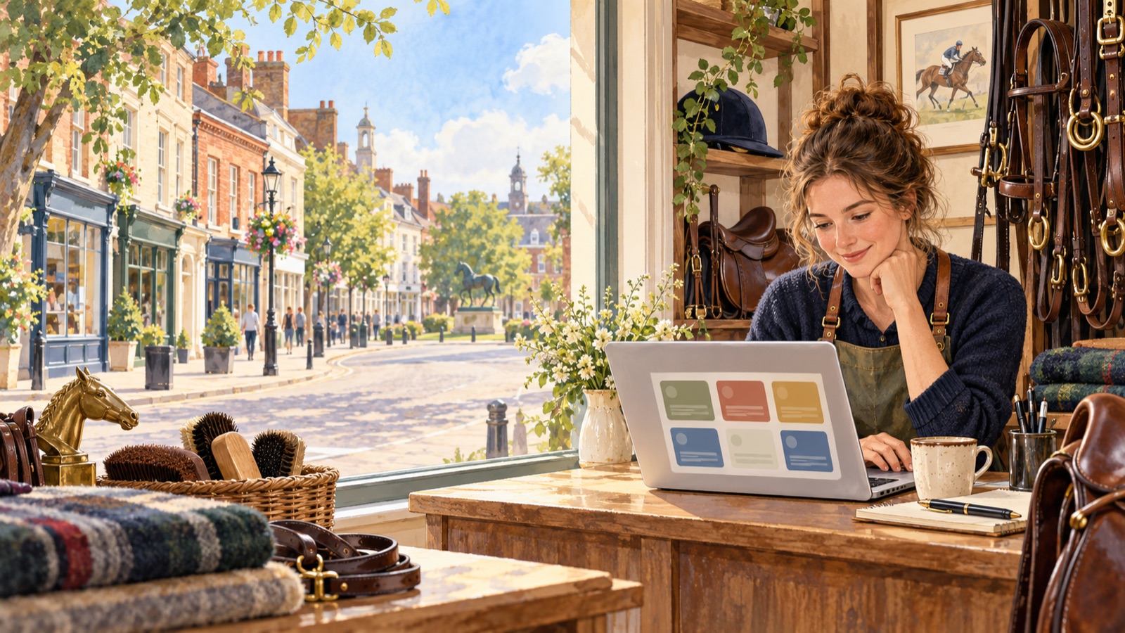 Artist's impression of an independent saddlery shop owner at a counter beside a laptop, leather tack hanging at one side and Newmarket High Street shopfronts beyond the window