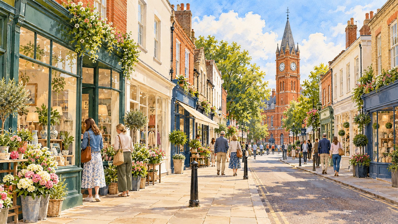 Artist's impression of shoppers on Newmarket High Street with the Jubilee Clock Tower in the distance