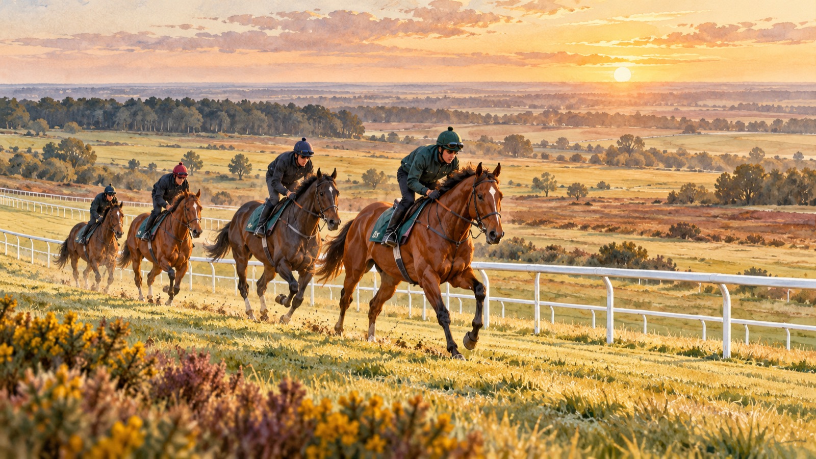Artist's impression of racehorses exercising on the Newmarket gallops